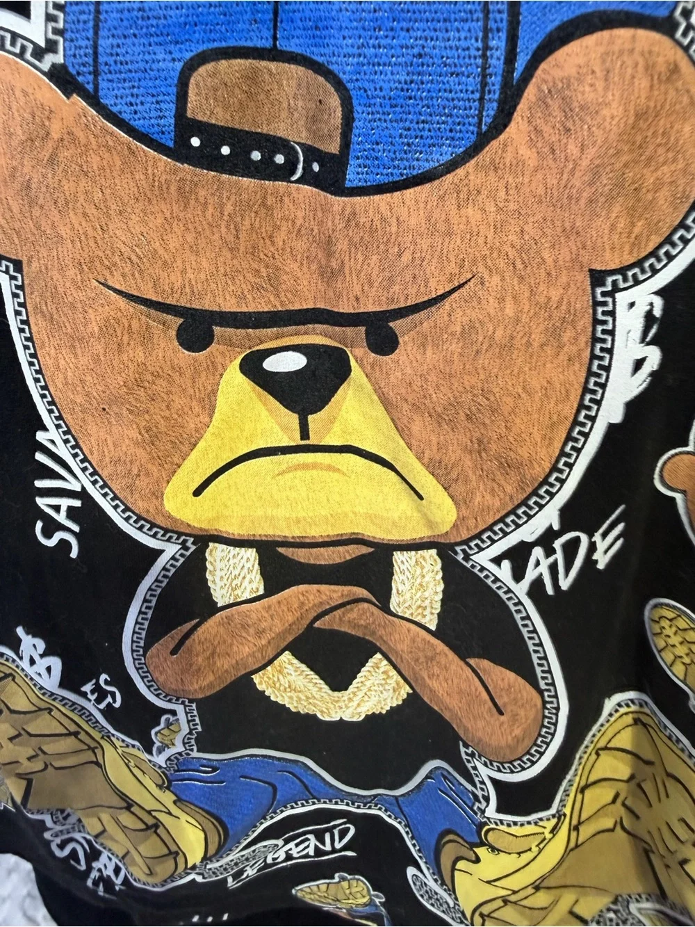 Kids Black Graphic Bear Tee with Blue Accent